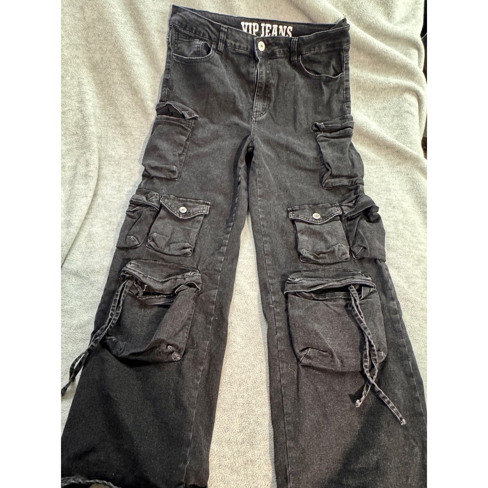 VIP Jeans Womens Black Cargo Pants Wide Leg Utility Multi Pocket Size 13/31